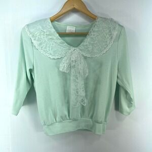 VTG 80s Fritzi Mint Green 3/4 Sleeve Shirt Top White Lace Collar Womens Medium